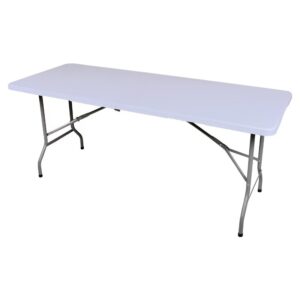 A white 6' folding banquet table