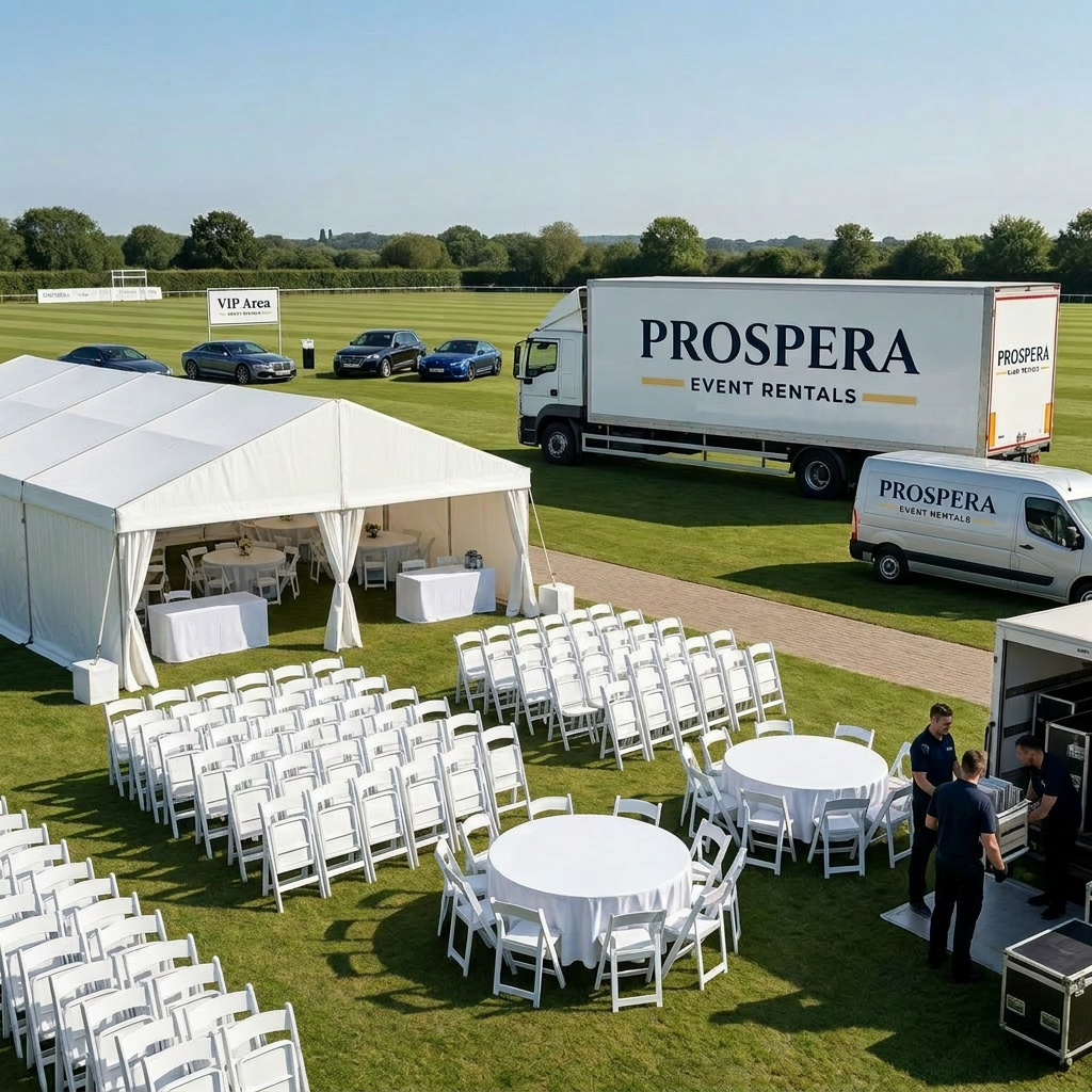 The image shows an outdoor event field with a white tent, several round tables, and many white folding chairs set up. There are a few cars parked around the perimeter, and a large truck with the "PROSPERA EVENT RENTALS" branding is present. This appears to be a company that specializes in event rentals, currently preparing for an outdoor event. The overall scene looks neat and organized, conveying a professional setup.