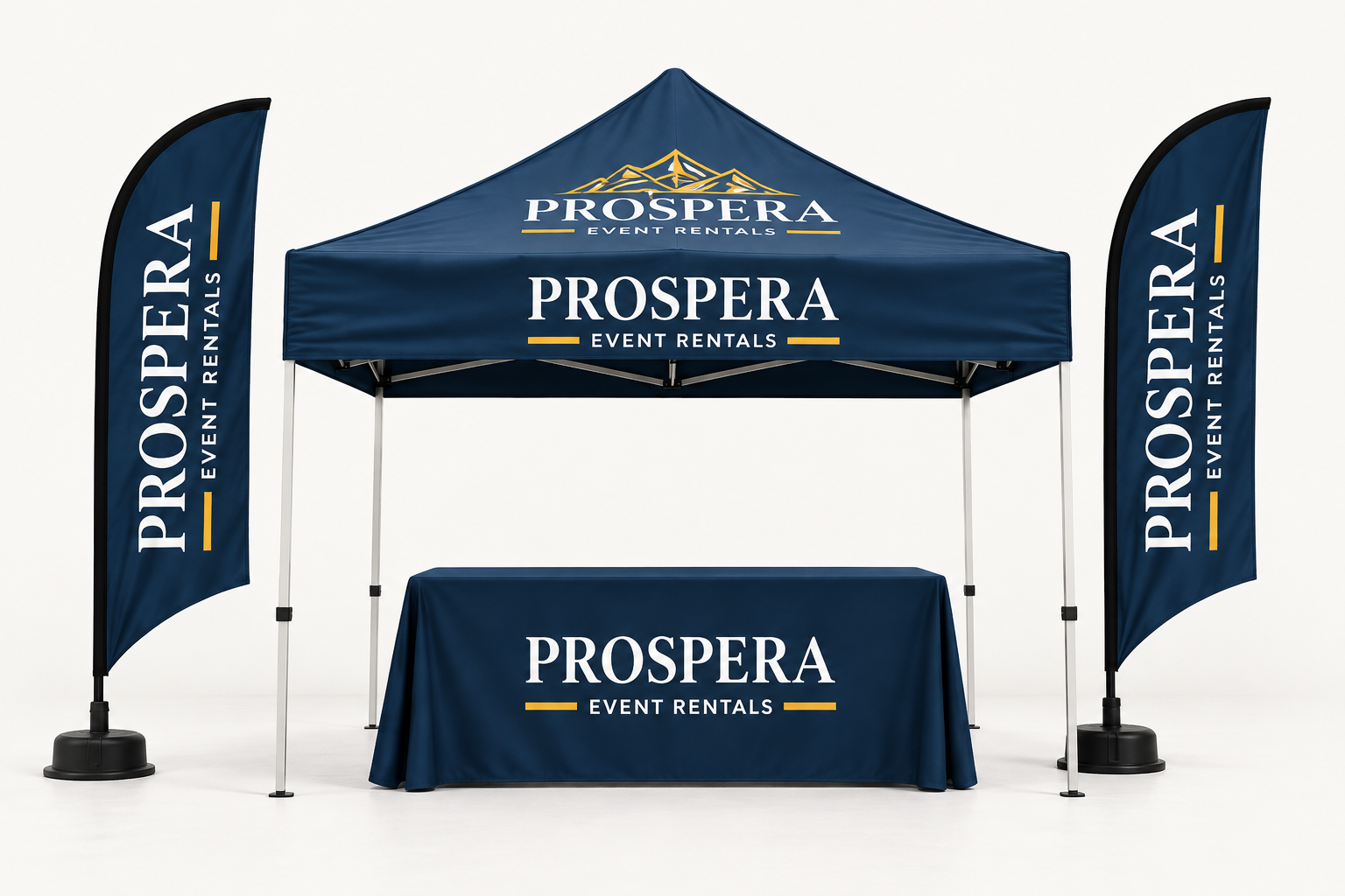 Illustrative Prospera custom canopy, two branded flags and matching table cover