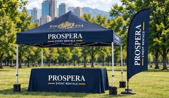 Illustrative coordinated Prospera canopy, flag and table cover