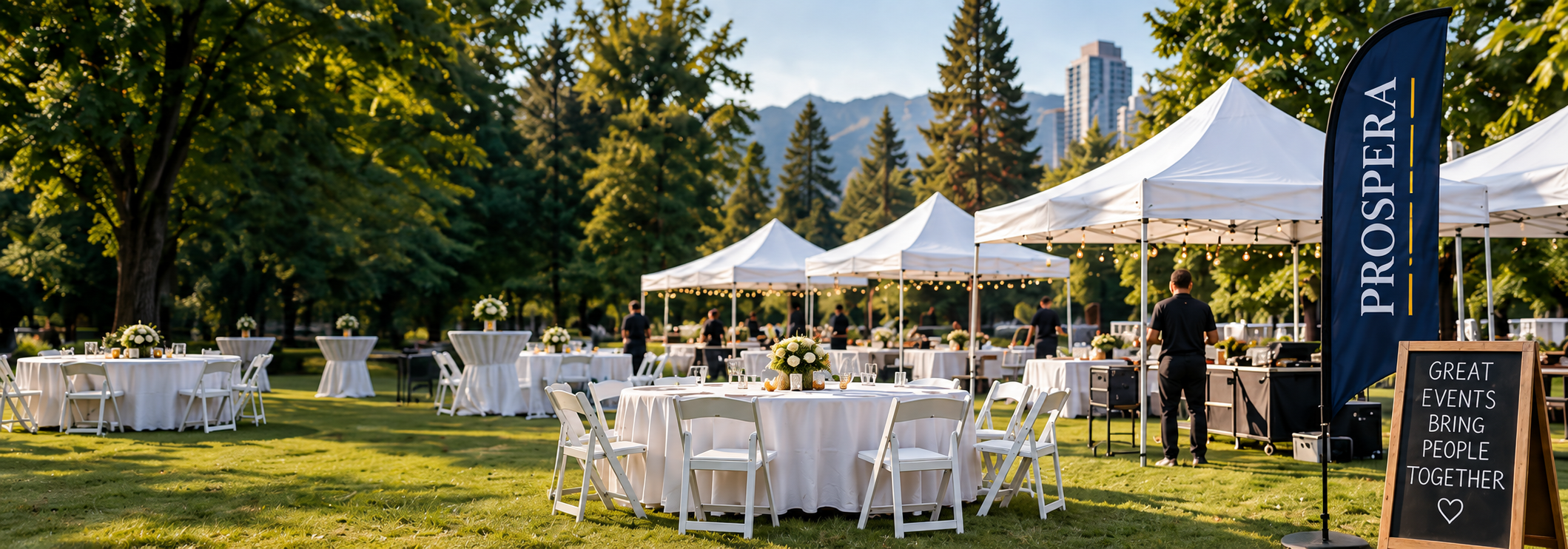 Illustrative event setup with canopies and tables