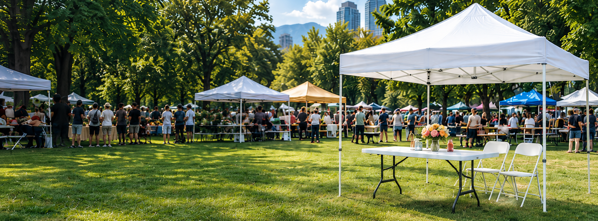 Illustrative canopy, tables and chairs at a park market