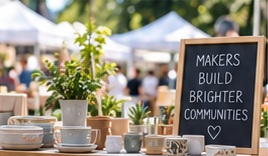 Illustrative handmade products and community market sign