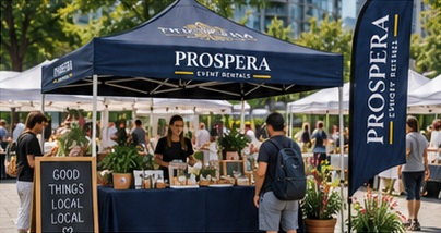 Illustrative branded canopy at a market
