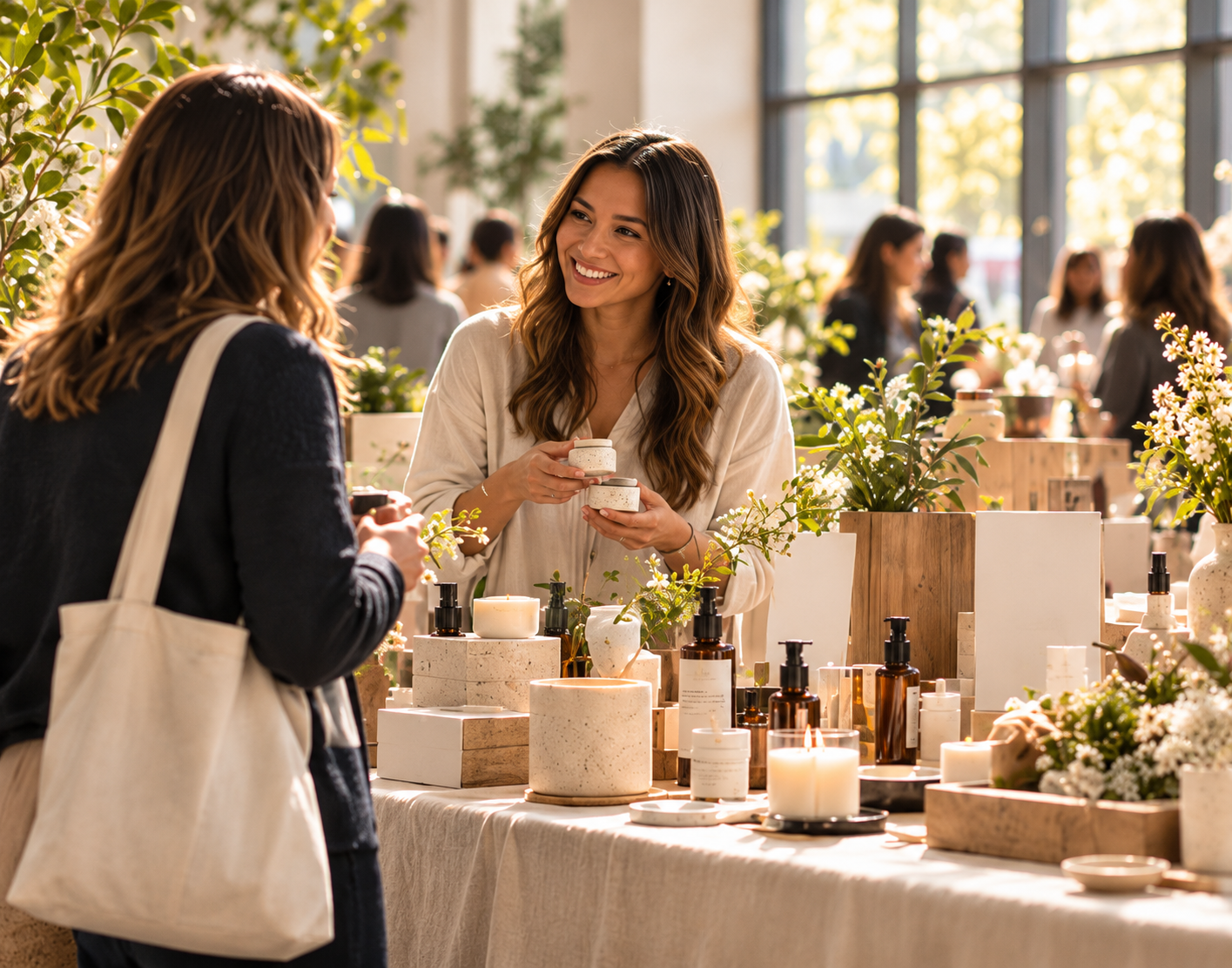 Illustrative vendor conversation at a lifestyle and wellness showcase